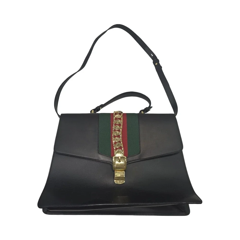 Gucci Sylvie 1969 leather handbag Maxi Size Black Striped Red Green Gold Chain